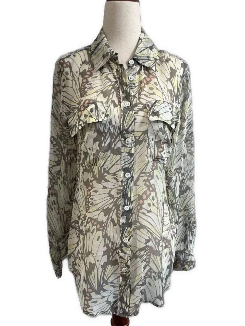 Equipment Femme 100% Silk Butterfly Print Button-Down Blouse Sheer Small